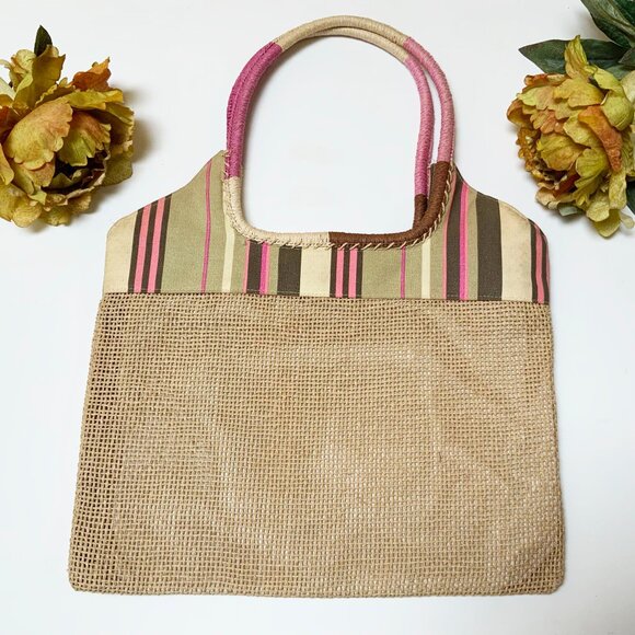 SKONDRAS Natural Woven Straw and Colorful Striped Fabric Tote Bag - Picture 3 of 9